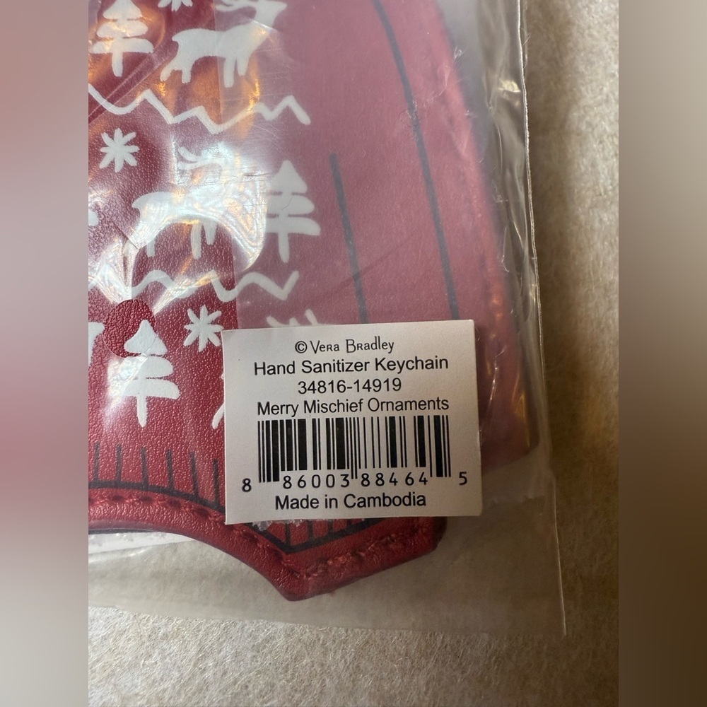 Vera Bradley Hand Sanitizer Holder "Merry Mischief Ornaments" Red Keychain NWT - Picture 3 of 6